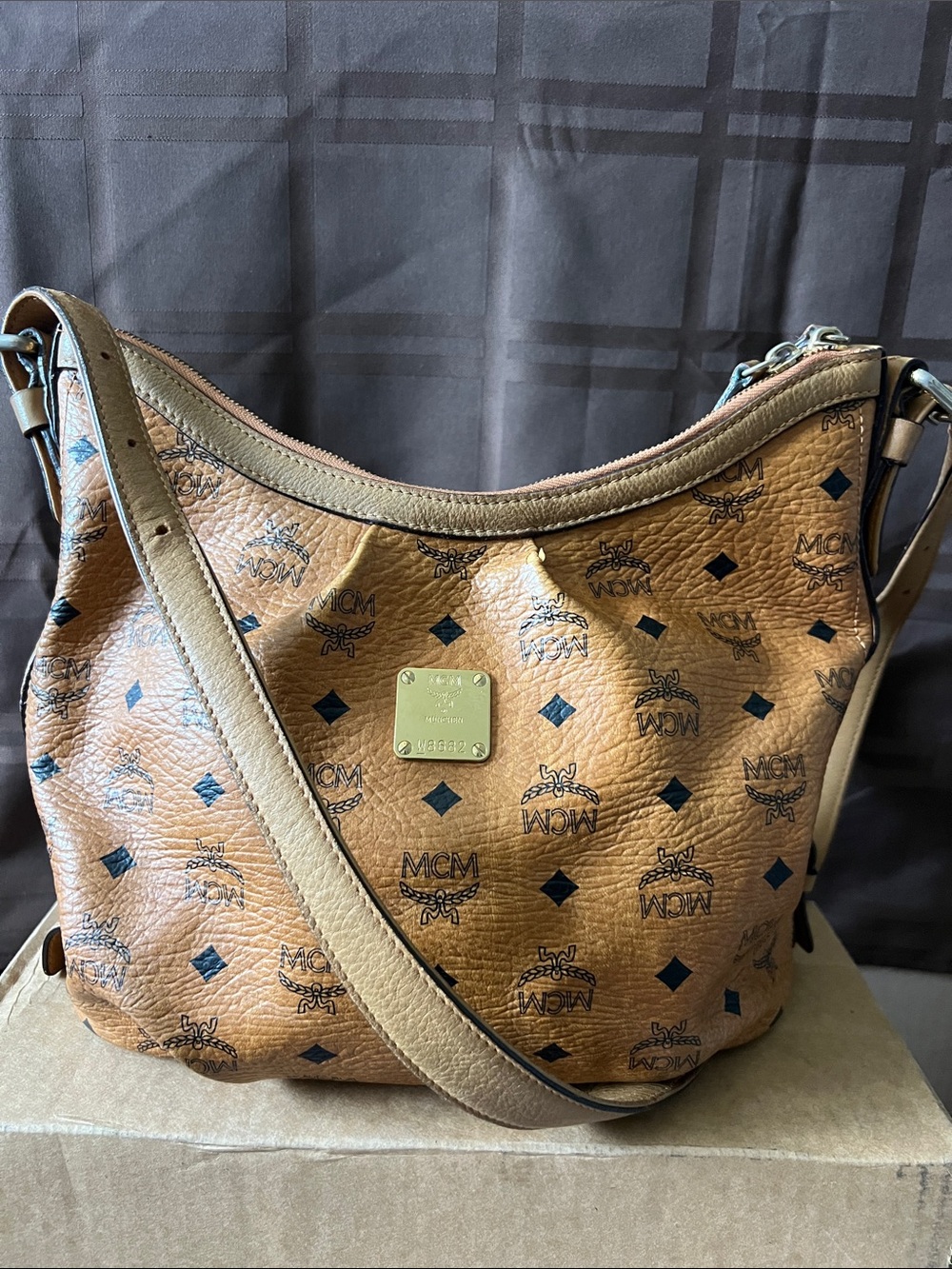 MCM Cognac Visetos Coated Canvas Monogram Hobo Shoulder Bag As Is